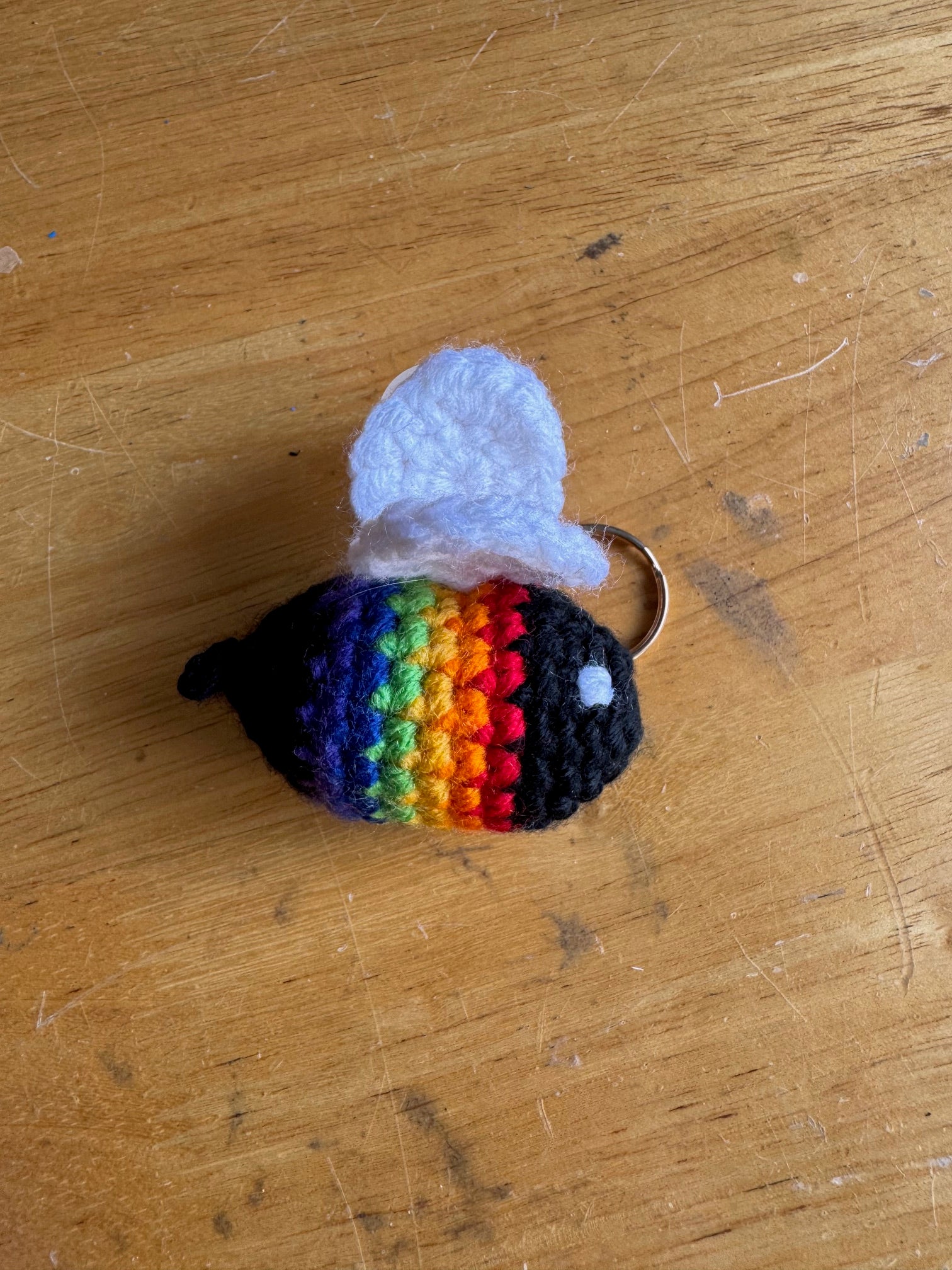 Crocheted Rainbow Bumblebee keychain